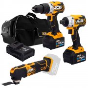 JCB 18V Cordless Combi Drill, Impact Driver and Multi-Tool Set, 26" Wheeled Kit Bag, 2x 5Ah Batteries and Charger - 21-18TPKMT-5